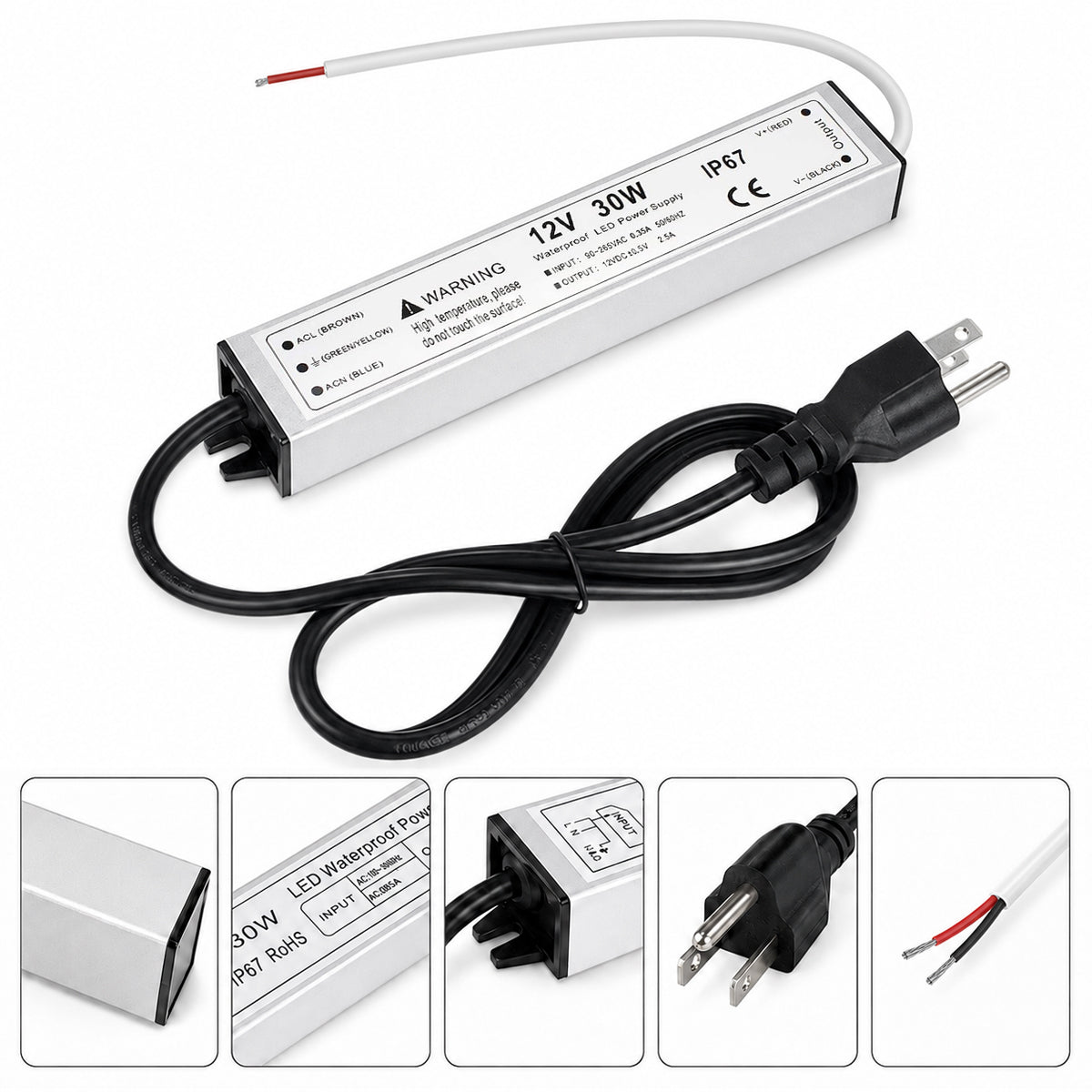 12V Outdoor Waterproof LED Power Supply 30W–100W, 90–265V Input, Single Wire Output, Aluminum Housing, Landscape & Outdoor Lighting, CE/RoHS/FCC Certified, Waterproof Transformer for Outdoor Lighting, US/UK/EU Plug