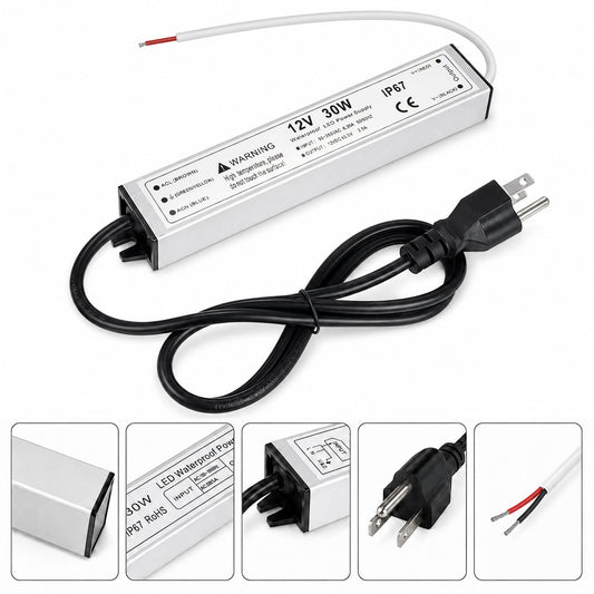 12V Outdoor Waterproof LED Power Supply 30W–100W, 90–265V Input, Single Wire Output, Aluminum Housing, Landscape & Outdoor Lighting, CE/RoHS/FCC Certified, Waterproof Transformer for Outdoor Lighting, US/UK/EU Plug