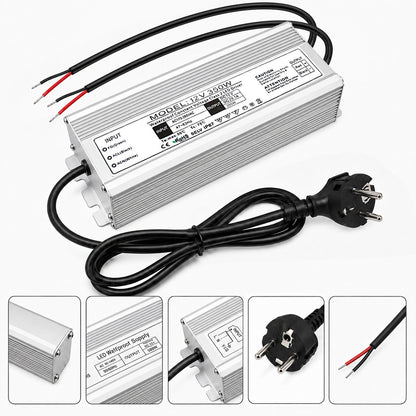 12V Outdoor Waterproof LED Power Supply 200W-500W, 175–265V Input, Single/Dual Wire Output, Aluminum Housing, Landscape & Outdoor Lighting, CE/RoHS/FCC Certified, Waterproof Transformer for Outdoor Lighting, UK/EU Plug
