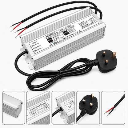 12V Outdoor Waterproof LED Power Supply 200W-500W, 175–265V Input, Single/Dual Wire Output, Aluminum Housing, Landscape & Outdoor Lighting, CE/RoHS/FCC Certified, Waterproof Transformer for Outdoor Lighting, UK/EU Plug