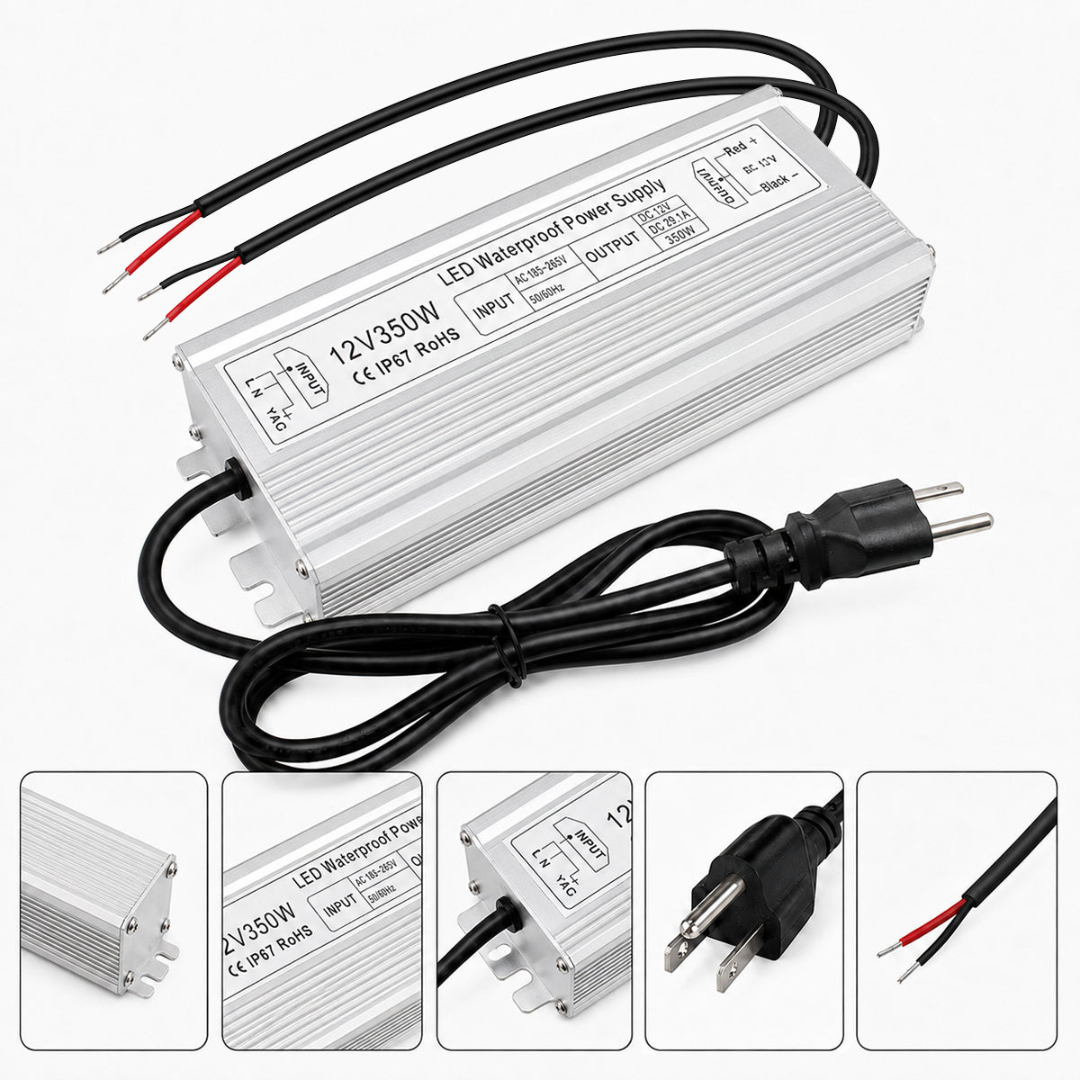 12V Outdoor Waterproof LED Power Supply 200W-500W, 90–140V Input, Single/Dual Wire Output, Aluminum Housing, Landscape & Outdoor Lighting, CE/RoHS/FCC Certified, Waterproof Transformer for Outdoor Lighting, US Plug