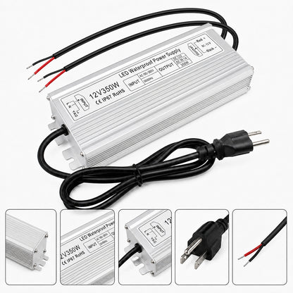 12V Outdoor Waterproof LED Power Supply 200W-500W, 90–140V Input, Single/Dual Wire Output, Aluminum Housing, Landscape & Outdoor Lighting, CE/RoHS/FCC Certified, Waterproof Transformer for Outdoor Lighting, US Plug