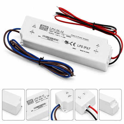 MEANWELL LPV Series 12V/24V Outdoor IP67 Waterproof Switching Power Supply, Plastic Housing, 35W–150W, AC90-264V Input, UL/CE Certified, Landscape Lighting