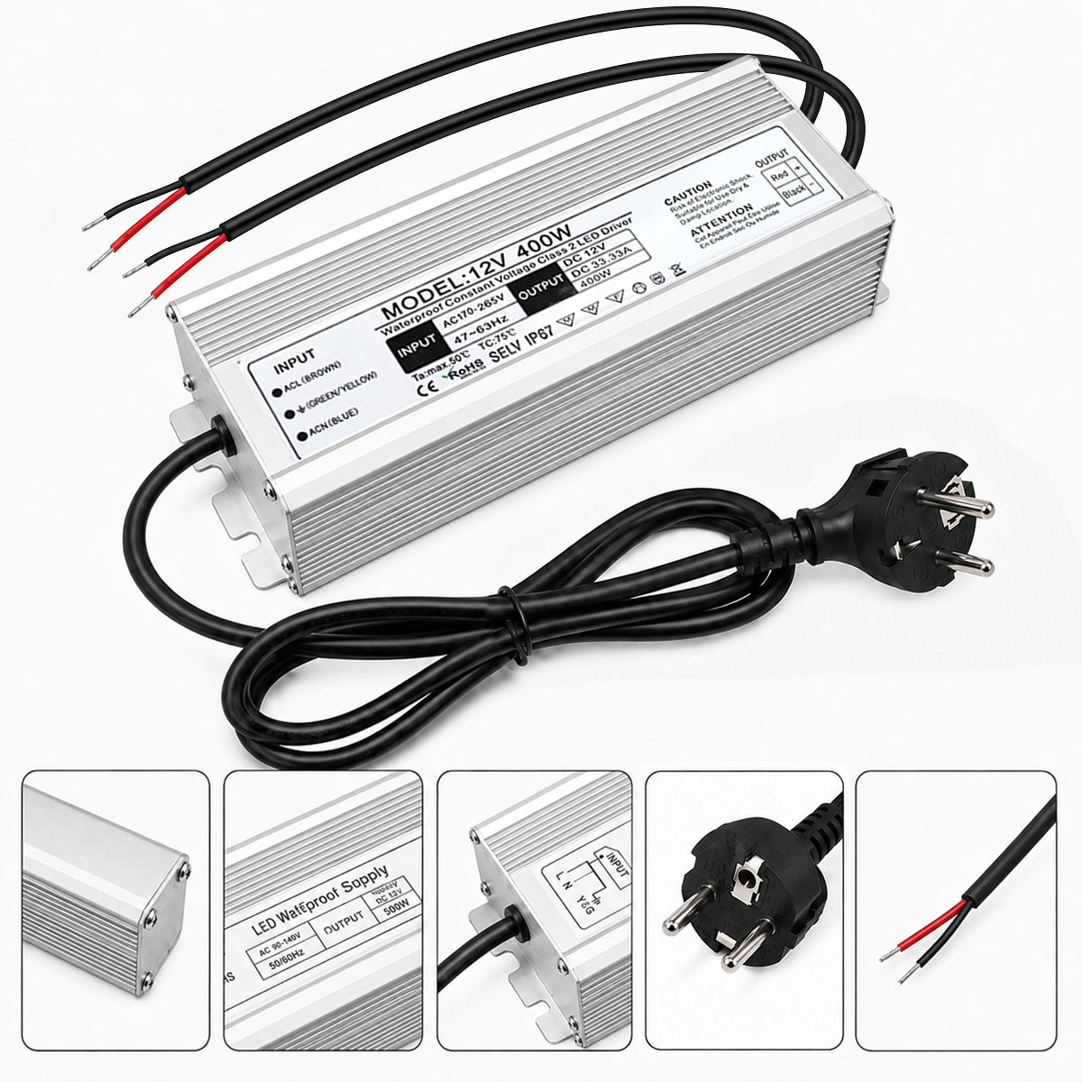 12V Outdoor Waterproof LED Power Supply 200W-500W, 175–265V Input, Single/Dual Wire Output, Aluminum Housing, Landscape & Outdoor Lighting, CE/RoHS/FCC Certified, Waterproof Transformer for Outdoor Lighting, UK/EU Plug