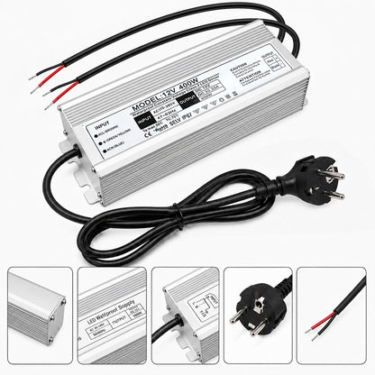 12V Outdoor Waterproof LED Power Supply 200W-500W, 175–265V Input, Single/Dual Wire Output, Aluminum Housing, Landscape & Outdoor Lighting, CE/RoHS/FCC Certified, Waterproof Transformer for Outdoor Lighting, UK/EU Plug