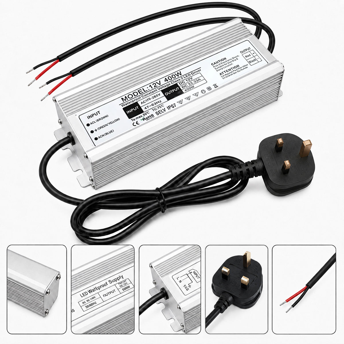 12V Outdoor Waterproof LED Power Supply 200W-500W, 175–265V Input, Single/Dual Wire Output, Aluminum Housing, Landscape & Outdoor Lighting, CE/RoHS/FCC Certified, Waterproof Transformer for Outdoor Lighting, UK/EU Plug