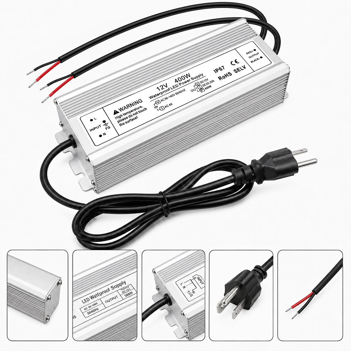 12V Outdoor Waterproof LED Power Supply 200W-500W, 90–140V Input, Single/Dual Wire Output, Aluminum Housing, Landscape & Outdoor Lighting, CE/RoHS/FCC Certified, Waterproof Transformer for Outdoor Lighting, US Plug