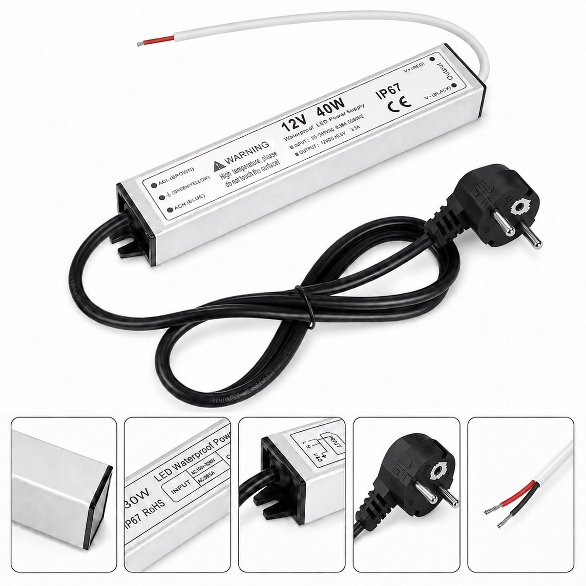 12V Outdoor Waterproof LED Power Supply 30W–100W, 90–265V Input, Single Wire Output, Aluminum Housing, Landscape & Outdoor Lighting, CE/RoHS/FCC Certified, Waterproof Transformer for Outdoor Lighting, US/UK/EU Plug