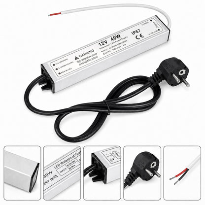 12V Outdoor Waterproof LED Power Supply 30W–100W, 90–265V Input, Single Wire Output, Aluminum Housing, Landscape & Outdoor Lighting, CE/RoHS/FCC Certified, Waterproof Transformer for Outdoor Lighting, US/UK/EU Plug