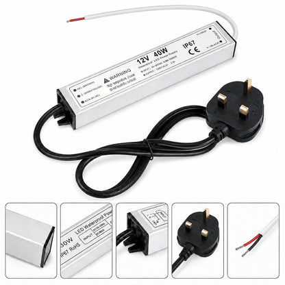12V Outdoor Waterproof LED Power Supply 30W–100W, 90–265V Input, Single Wire Output, Aluminum Housing, Landscape & Outdoor Lighting, CE/RoHS/FCC Certified, Waterproof Transformer for Outdoor Lighting, US/UK/EU Plug