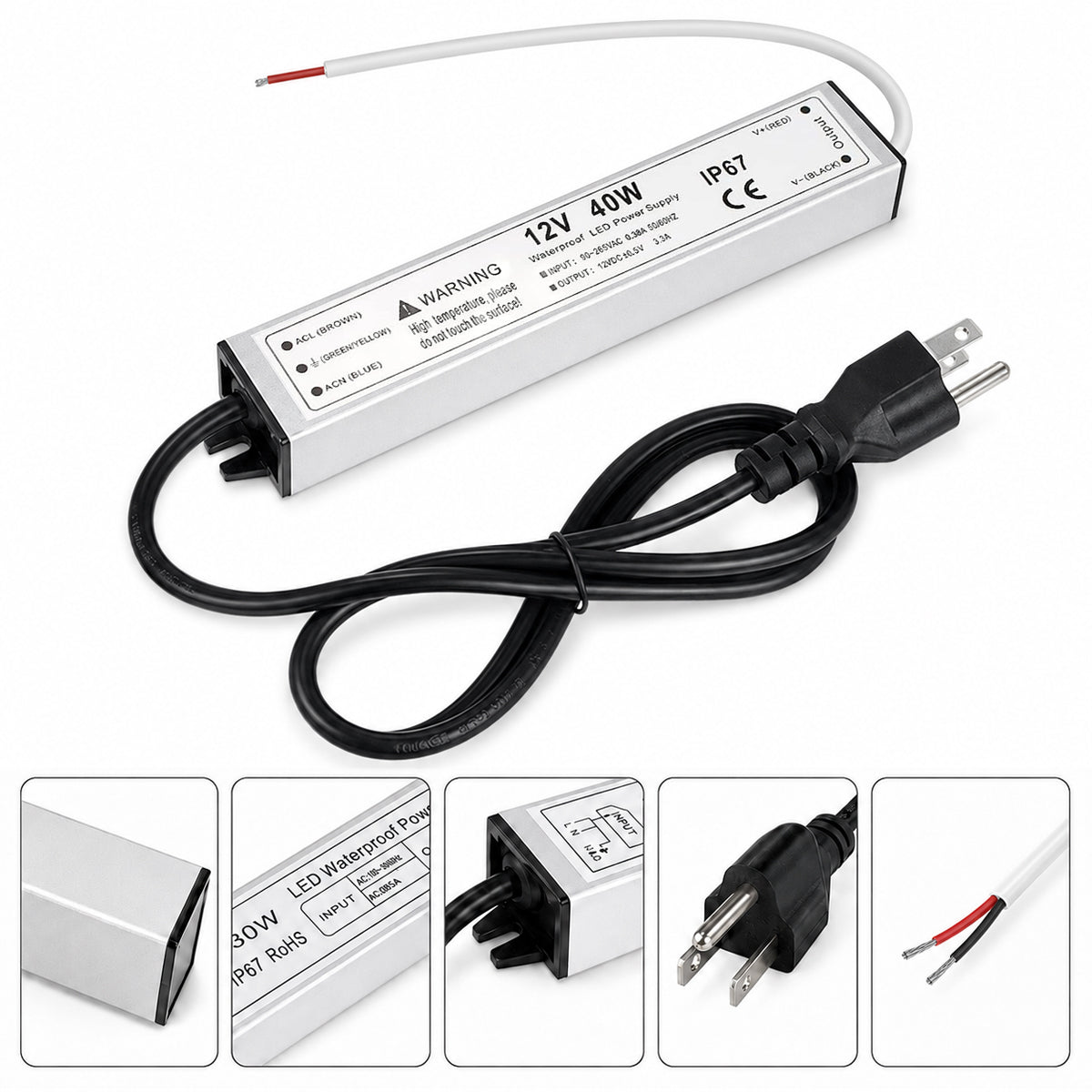 12V Outdoor Waterproof LED Power Supply 30W–100W, 90–265V Input, Single Wire Output, Aluminum Housing, Landscape & Outdoor Lighting, CE/RoHS/FCC Certified, Waterproof Transformer for Outdoor Lighting, US/UK/EU Plug