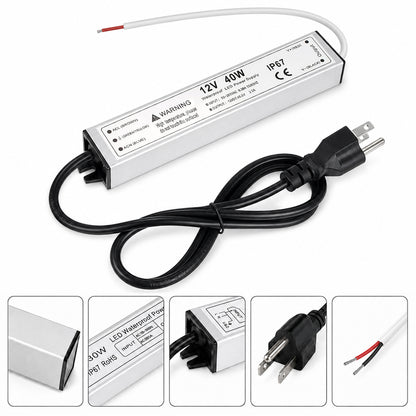 12V Outdoor Waterproof LED Power Supply 30W–100W, 90–265V Input, Single Wire Output, Aluminum Housing, Landscape & Outdoor Lighting, CE/RoHS/FCC Certified, Waterproof Transformer for Outdoor Lighting, US/UK/EU Plug