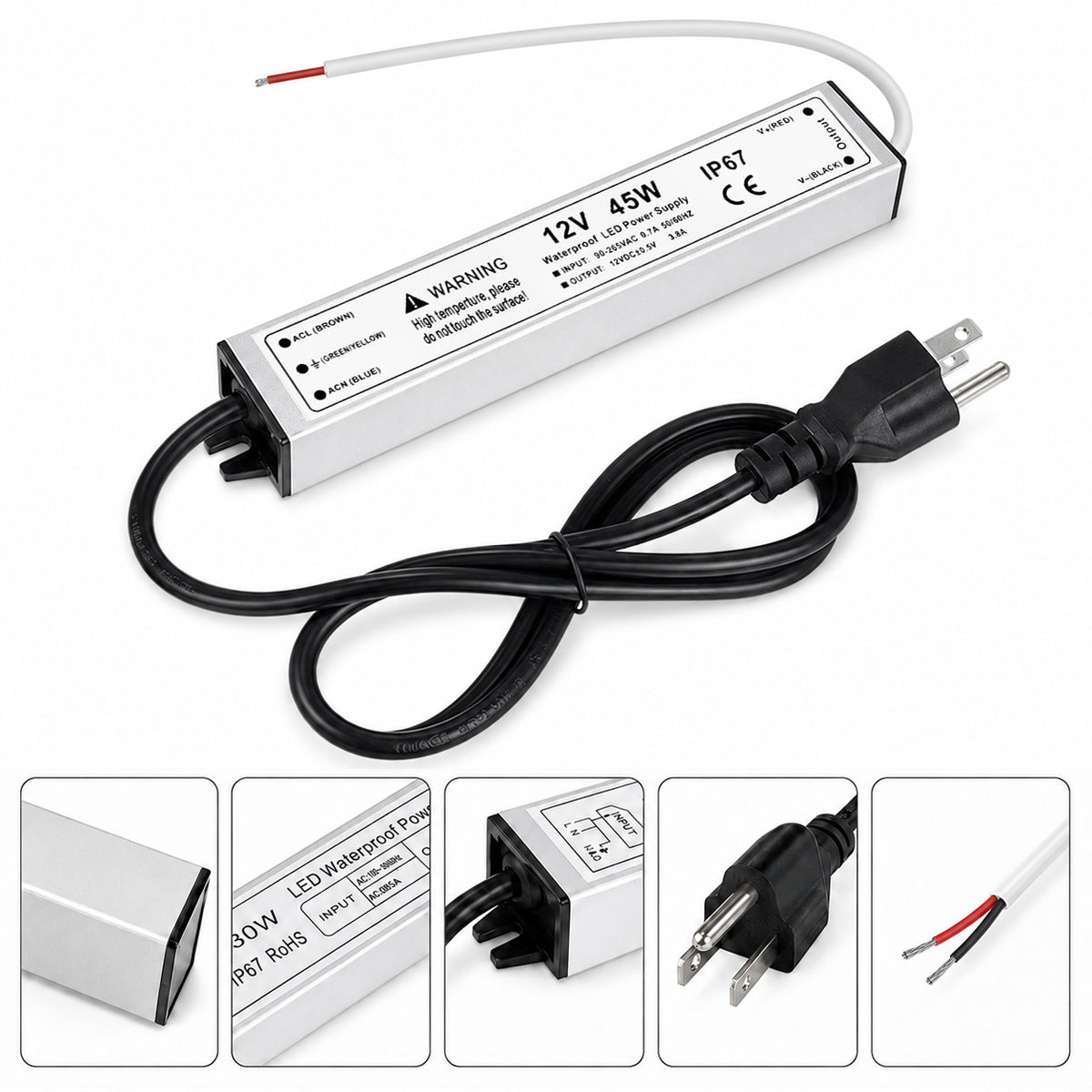 12V Outdoor Waterproof LED Power Supply 30W–100W, 90–265V Input, Single Wire Output, Aluminum Housing, Landscape & Outdoor Lighting, CE/RoHS/FCC Certified, Waterproof Transformer for Outdoor Lighting, US/UK/EU Plug