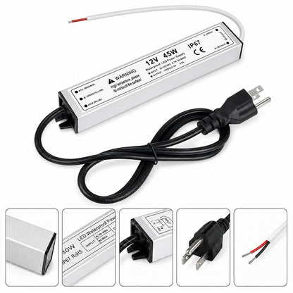 12V Outdoor Waterproof LED Power Supply 30W–100W, 90–265V Input, Single Wire Output, Aluminum Housing, Landscape & Outdoor Lighting, CE/RoHS/FCC Certified, Waterproof Transformer for Outdoor Lighting, US/UK/EU Plug