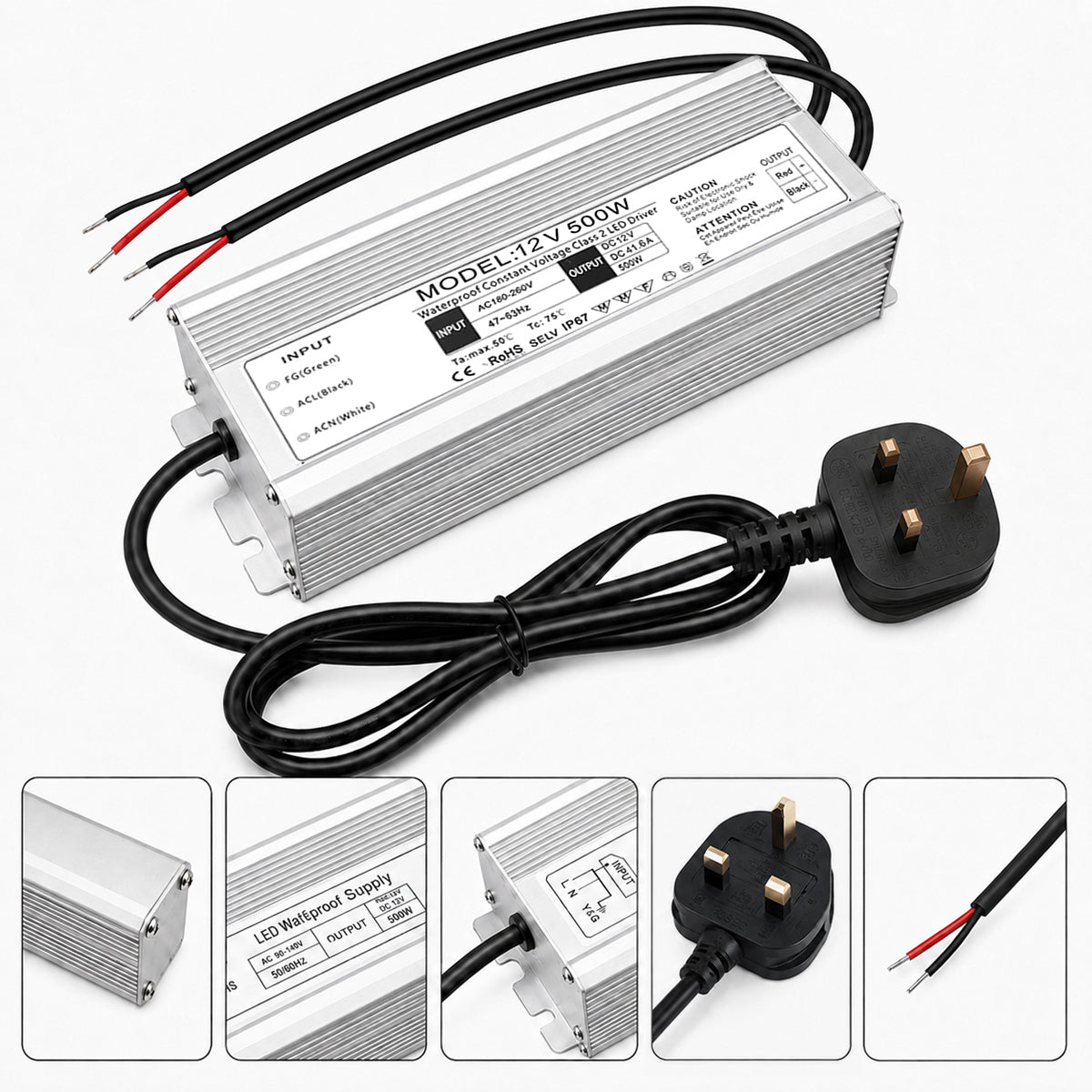 12V Outdoor Waterproof LED Power Supply 200W-500W, 175–265V Input, Single/Dual Wire Output, Aluminum Housing, Landscape & Outdoor Lighting, CE/RoHS/FCC Certified, Waterproof Transformer for Outdoor Lighting, UK/EU Plug