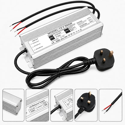 12V Outdoor Waterproof LED Power Supply 200W-500W, 175–265V Input, Single/Dual Wire Output, Aluminum Housing, Landscape & Outdoor Lighting, CE/RoHS/FCC Certified, Waterproof Transformer for Outdoor Lighting, UK/EU Plug