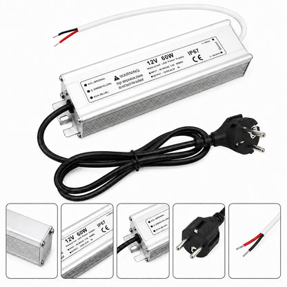 12V Outdoor Waterproof LED Power Supply 30W–100W, 90–265V Input, Single Wire Output, Aluminum Housing, Landscape & Outdoor Lighting, CE/RoHS/FCC Certified, Waterproof Transformer for Outdoor Lighting, US/UK/EU Plug