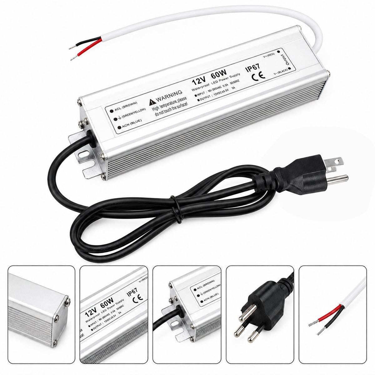 12V Outdoor Waterproof LED Power Supply 30W–100W, 90–265V Input, Single Wire Output, Aluminum Housing, Landscape & Outdoor Lighting, CE/RoHS/FCC Certified, Waterproof Transformer for Outdoor Lighting, US/UK/EU Plug
