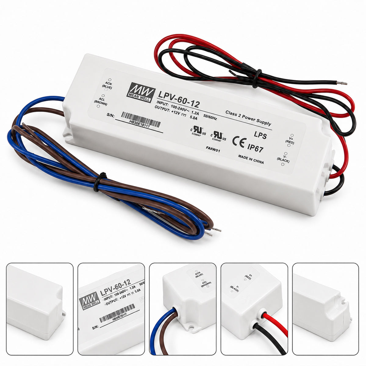 MEANWELL LPV Series 12V/24V Outdoor IP67 Waterproof Switching Power Supply, Plastic Housing, 35W–150W, AC90-264V Input, UL/CE Certified, Landscape Lighting