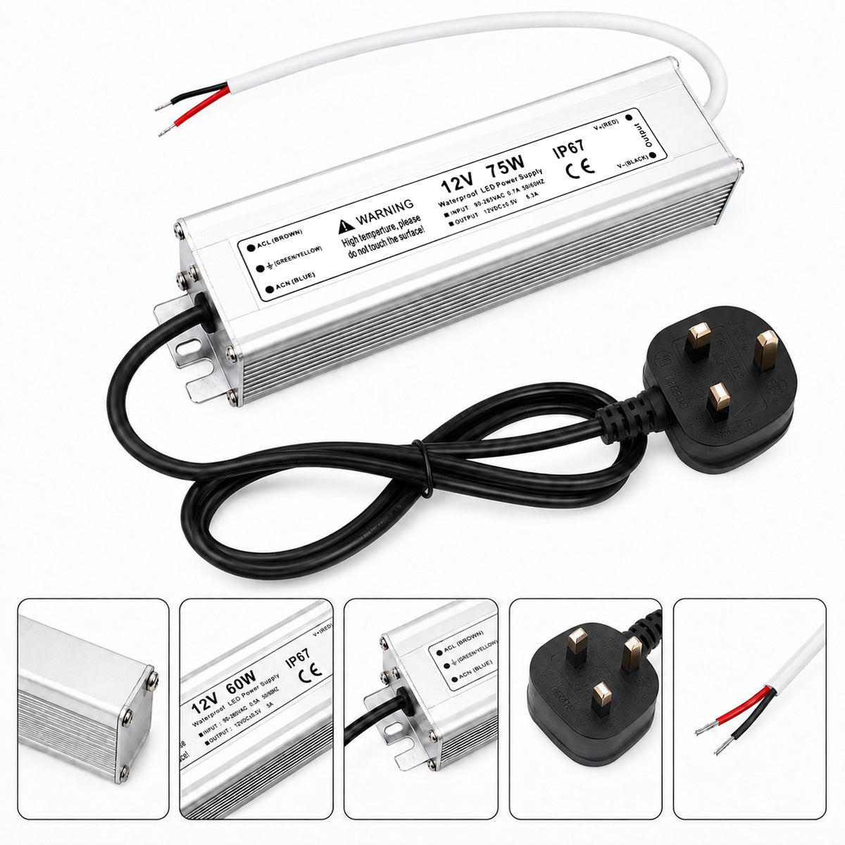 12V Outdoor Waterproof LED Power Supply 30W–100W, 90–265V Input, Single Wire Output, Aluminum Housing, Landscape & Outdoor Lighting, CE/RoHS/FCC Certified, Waterproof Transformer for Outdoor Lighting, US/UK/EU Plug