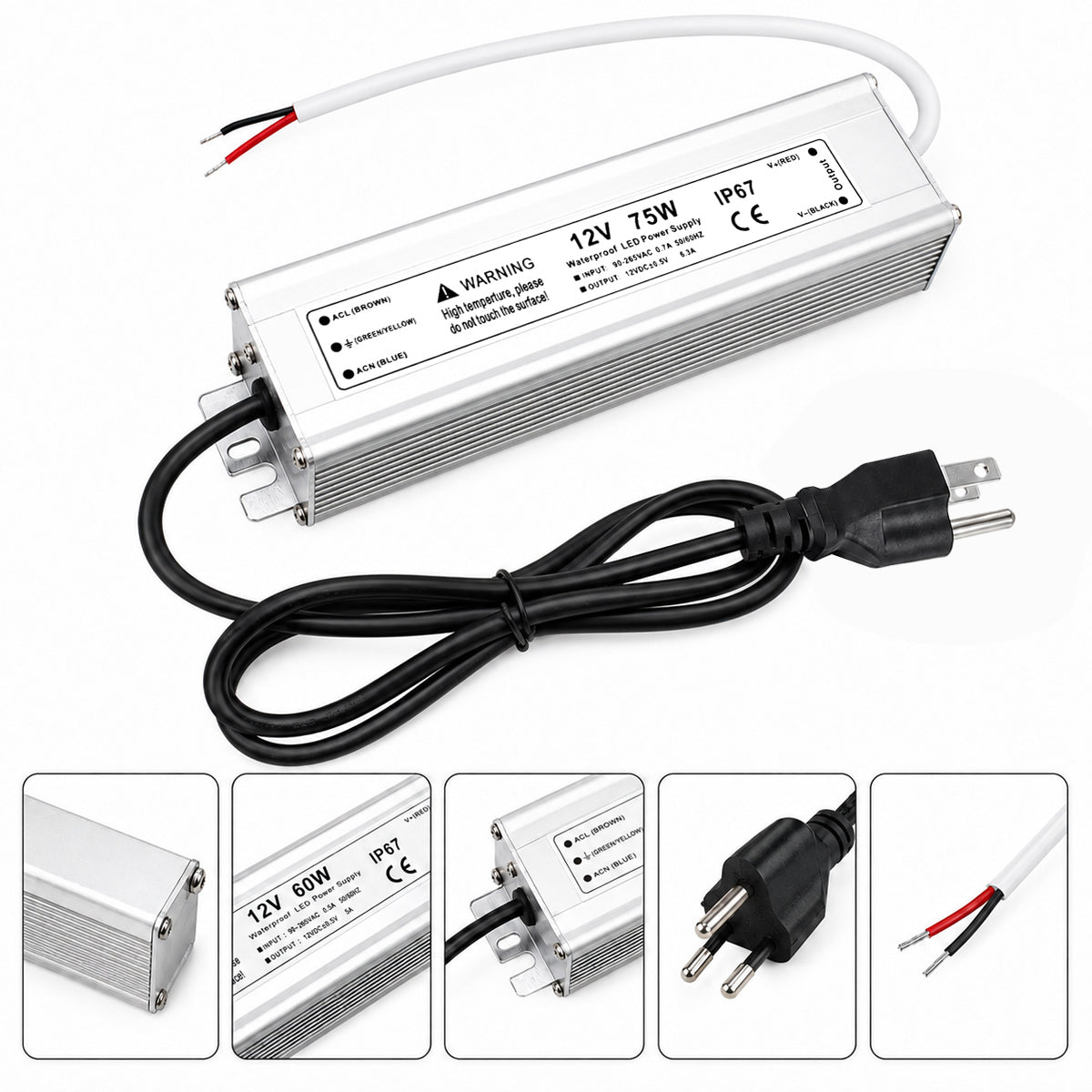 12V Outdoor Waterproof LED Power Supply 30W–100W, 90–265V Input, Single Wire Output, Aluminum Housing, Landscape & Outdoor Lighting, CE/RoHS/FCC Certified, Waterproof Transformer for Outdoor Lighting, US/UK/EU Plug