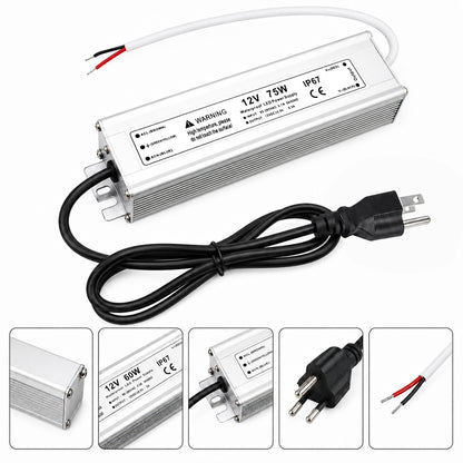 12V Outdoor Waterproof LED Power Supply 30W–100W, 90–265V Input, Single Wire Output, Aluminum Housing, Landscape & Outdoor Lighting, CE/RoHS/FCC Certified, Waterproof Transformer for Outdoor Lighting, US/UK/EU Plug