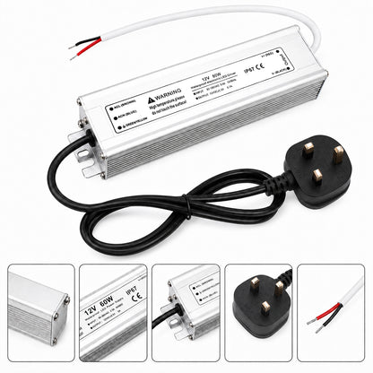 12V Outdoor Waterproof LED Power Supply 30W–100W, 90–265V Input, Single Wire Output, Aluminum Housing, Landscape & Outdoor Lighting, CE/RoHS/FCC Certified, Waterproof Transformer for Outdoor Lighting, US/UK/EU Plug