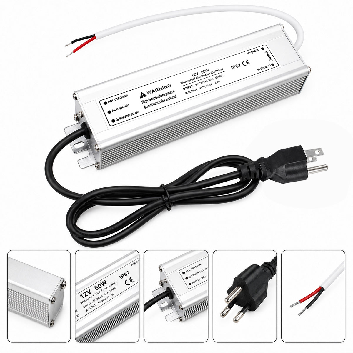 12V Outdoor Waterproof LED Power Supply 30W–100W, 90–265V Input, Single Wire Output, Aluminum Housing, Landscape & Outdoor Lighting, CE/RoHS/FCC Certified, Waterproof Transformer for Outdoor Lighting, US/UK/EU Plug