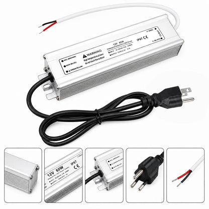 12V Outdoor Waterproof LED Power Supply 30W–100W, 90–265V Input, Single Wire Output, Aluminum Housing, Landscape & Outdoor Lighting, CE/RoHS/FCC Certified, Waterproof Transformer for Outdoor Lighting, US/UK/EU Plug