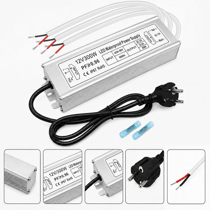 12V Outdoor Waterproof LED Power Supply 300W, 90–265V Input, Single/Dual/Triple Wire Output, Aluminum Housing, Landscape & Outdoor Lighting, CE/RoHS/FCC Certified, Waterproof Transformer for Outdoor Lighting, US /UK/EU Plug