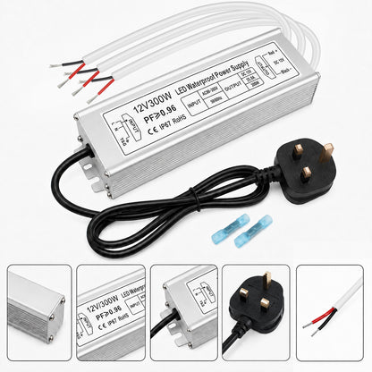 12V Outdoor Waterproof LED Power Supply 300W, 90–265V Input, Single/Dual/Triple Wire Output, Aluminum Housing, Landscape & Outdoor Lighting, CE/RoHS/FCC Certified, Waterproof Transformer for Outdoor Lighting, US /UK/EU Plug