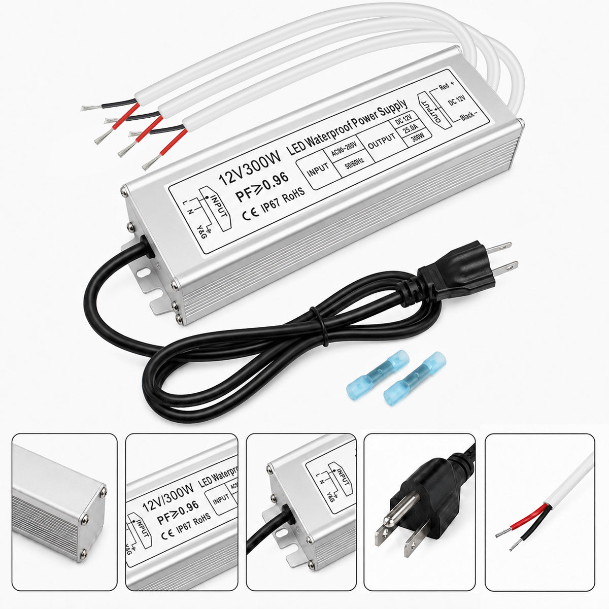 12V Outdoor Waterproof LED Power Supply 300W, 90–265V Input, Single/Dual/Triple Wire Output, Aluminum Housing, Landscape & Outdoor Lighting, CE/RoHS/FCC Certified, Waterproof Transformer for Outdoor Lighting, US /UK/EU Plug