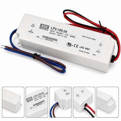 MEANWELL LPV Series 12V/24V Outdoor IP67 Waterproof Switching Power Supply, Plastic Housing, 35W–150W, AC90-264V Input, UL/CE Certified, Landscape Lighting