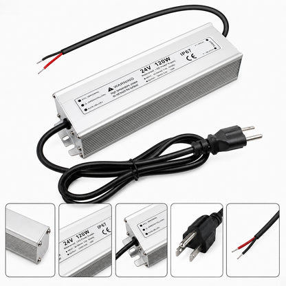 24V Outdoor Waterproof LED Power Supply 120W–300W, 90–265V Input, Single/Dual Wire Output, Aluminum Housing, Landscape & Outdoor Lighting, CE/RoHS/FCC Certified, Waterproof Transformer for Outdoor Lighting, US/UK/EU Plug