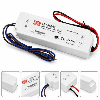 MEANWELL LPV Series 12V/24V Outdoor IP67 Waterproof Switching Power Supply, Plastic Housing, 35W–150W, AC90-264V Input, UL/CE Certified, Landscape Lighting