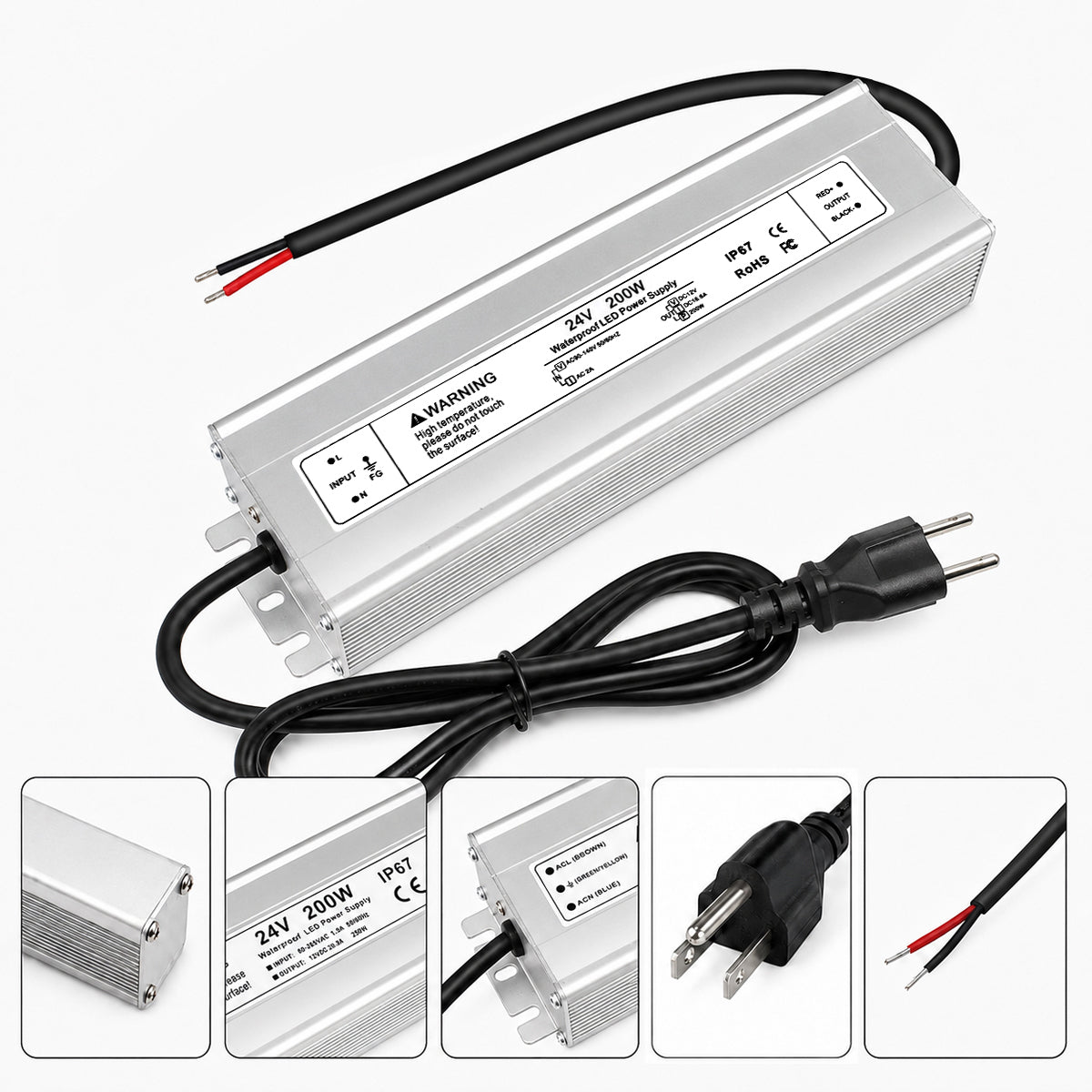 24V Outdoor Waterproof LED Power Supply 200W–500W, 90–140V Input, Single/Dual Wire Output, Aluminum Housing, Landscape & Outdoor Lighting, CE/RoHS/FCC Certified, Waterproof Transformer for Outdoor Lighting, US Plug