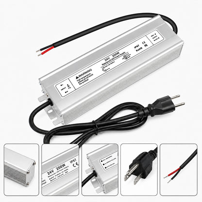 24V Outdoor Waterproof LED Power Supply 200W–500W, 90–140V Input, Single/Dual Wire Output, Aluminum Housing, Landscape & Outdoor Lighting, CE/RoHS/FCC Certified, Waterproof Transformer for Outdoor Lighting, US Plug
