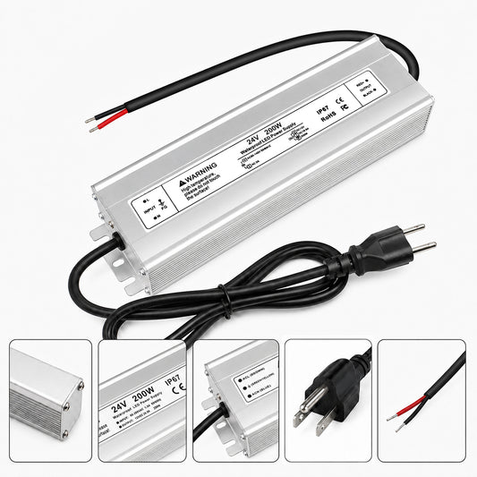 24V Outdoor Waterproof LED Power Supply 200W–500W, 90–140V Input, Single/Dual Wire Output, Aluminum Housing, Landscape & Outdoor Lighting, CE/RoHS/FCC Certified, Waterproof Transformer for Outdoor Lighting, US Plug