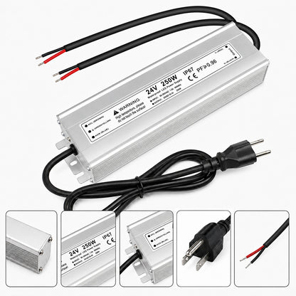 24V Outdoor Waterproof LED Power Supply 120W–300W, 90–265V Input, Single/Dual Wire Output, Aluminum Housing, Landscape & Outdoor Lighting, CE/RoHS/FCC Certified, Waterproof Transformer for Outdoor Lighting, US/UK/EU Plug