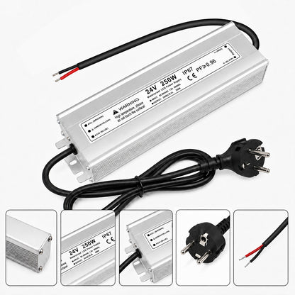 24V Outdoor Waterproof LED Power Supply 120W–300W, 90–265V Input, Single/Dual Wire Output, Aluminum Housing, Landscape & Outdoor Lighting, CE/RoHS/FCC Certified, Waterproof Transformer for Outdoor Lighting, US/UK/EU Plug