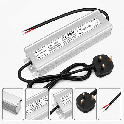 24V Outdoor Waterproof LED Power Supply 120W–300W, 90–265V Input, Single/Dual Wire Output, Aluminum Housing, Landscape & Outdoor Lighting, CE/RoHS/FCC Certified, Waterproof Transformer for Outdoor Lighting, US/UK/EU Plug
