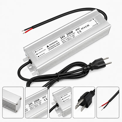 24V Outdoor Waterproof LED Power Supply 120W–300W, 90–265V Input, Single/Dual Wire Output, Aluminum Housing, Landscape & Outdoor Lighting, CE/RoHS/FCC Certified, Waterproof Transformer for Outdoor Lighting, US/UK/EU Plug