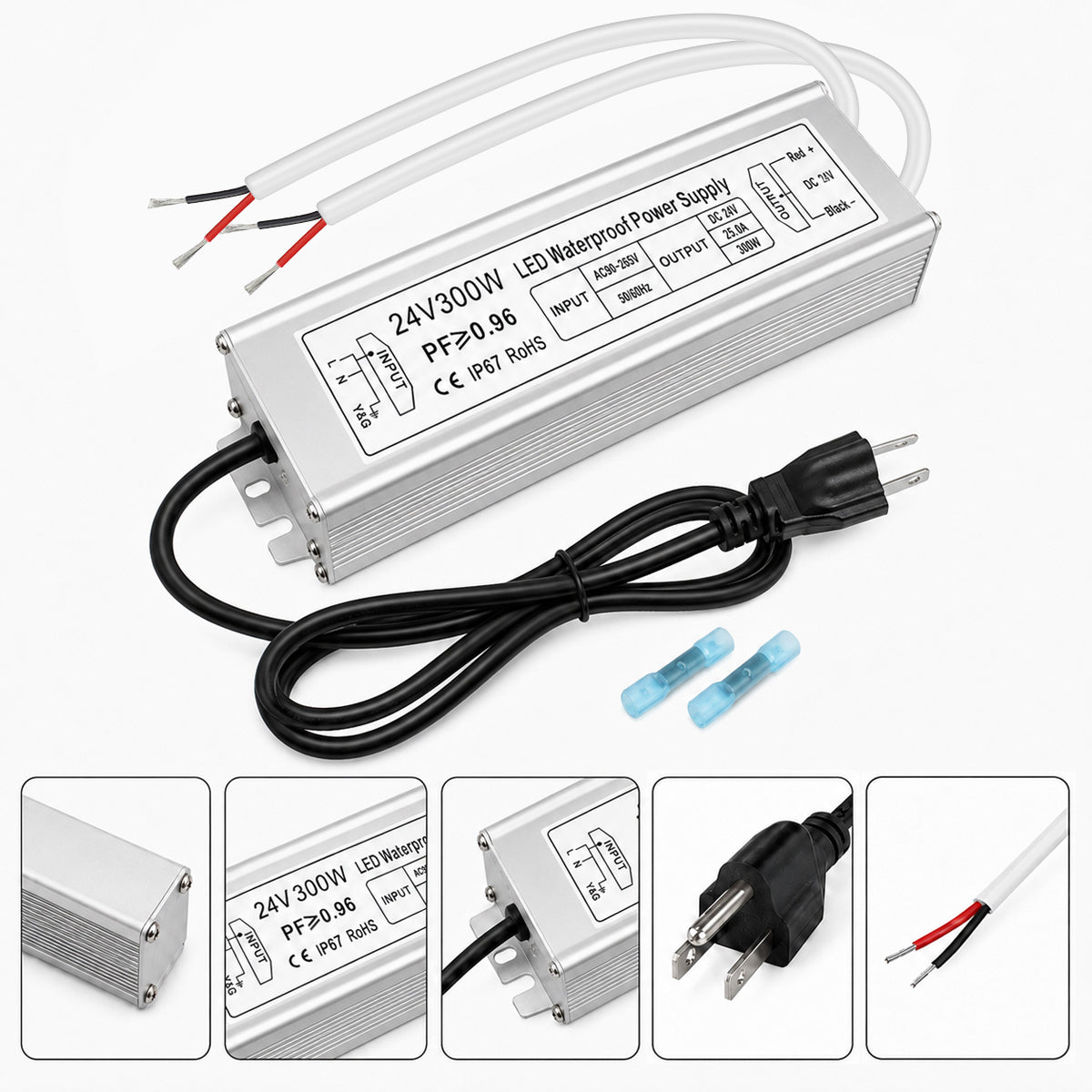 24V Outdoor Waterproof LED Power Supply 120W–300W, 90–265V Input, Single/Dual Wire Output, Aluminum Housing, Landscape & Outdoor Lighting, CE/RoHS/FCC Certified, Waterproof Transformer for Outdoor Lighting, US/UK/EU Plug