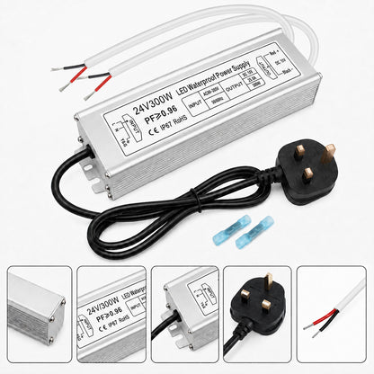 24V Outdoor Waterproof LED Power Supply 120W–300W, 90–265V Input, Single/Dual Wire Output, Aluminum Housing, Landscape & Outdoor Lighting, CE/RoHS/FCC Certified, Waterproof Transformer for Outdoor Lighting, US/UK/EU Plug