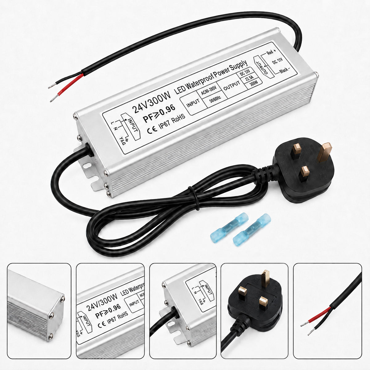 24V Outdoor Waterproof LED Power Supply 120W–300W, 90–265V Input, Single/Dual Wire Output, Aluminum Housing, Landscape & Outdoor Lighting, CE/RoHS/FCC Certified, Waterproof Transformer for Outdoor Lighting, US/UK/EU Plug