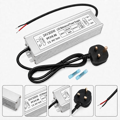 24V Outdoor Waterproof LED Power Supply 120W–300W, 90–265V Input, Single/Dual Wire Output, Aluminum Housing, Landscape & Outdoor Lighting, CE/RoHS/FCC Certified, Waterproof Transformer for Outdoor Lighting, US/UK/EU Plug