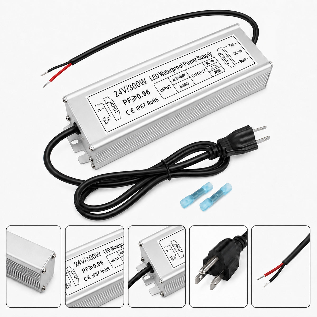 24V Outdoor Waterproof LED Power Supply 120W–300W, 90–265V Input, Single/Dual Wire Output, Aluminum Housing, Landscape & Outdoor Lighting, CE/RoHS/FCC Certified, Waterproof Transformer for Outdoor Lighting, US/UK/EU Plug