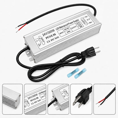 24V Outdoor Waterproof LED Power Supply 120W–300W, 90–265V Input, Single/Dual Wire Output, Aluminum Housing, Landscape & Outdoor Lighting, CE/RoHS/FCC Certified, Waterproof Transformer for Outdoor Lighting, US/UK/EU Plug