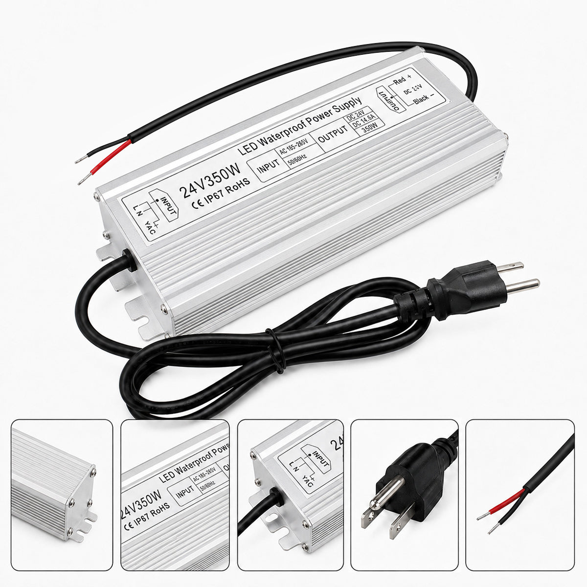 24V Outdoor Waterproof LED Power Supply 200W–500W, 90–140V Input, Single/Dual Wire Output, Aluminum Housing, Landscape & Outdoor Lighting, CE/RoHS/FCC Certified, Waterproof Transformer for Outdoor Lighting, US Plug
