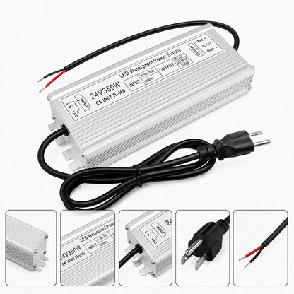 24V Outdoor Waterproof LED Power Supply 200W–500W, 90–140V Input, Single/Dual Wire Output, Aluminum Housing, Landscape & Outdoor Lighting, CE/RoHS/FCC Certified, Waterproof Transformer for Outdoor Lighting, US Plug